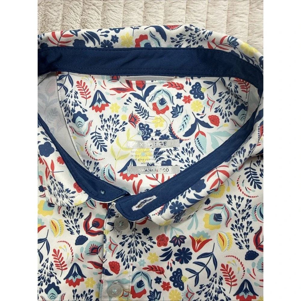 Swannies Men XL Floral Hawaiian AOP Golf Polo Stretch Covered Bridge Logo EUC - Picture 3 of 16